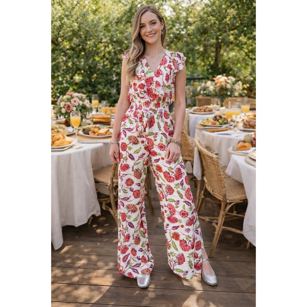 Floral Wide Leg Jumpsuit Women large Linen Blend Ruffle Cap Sleeve